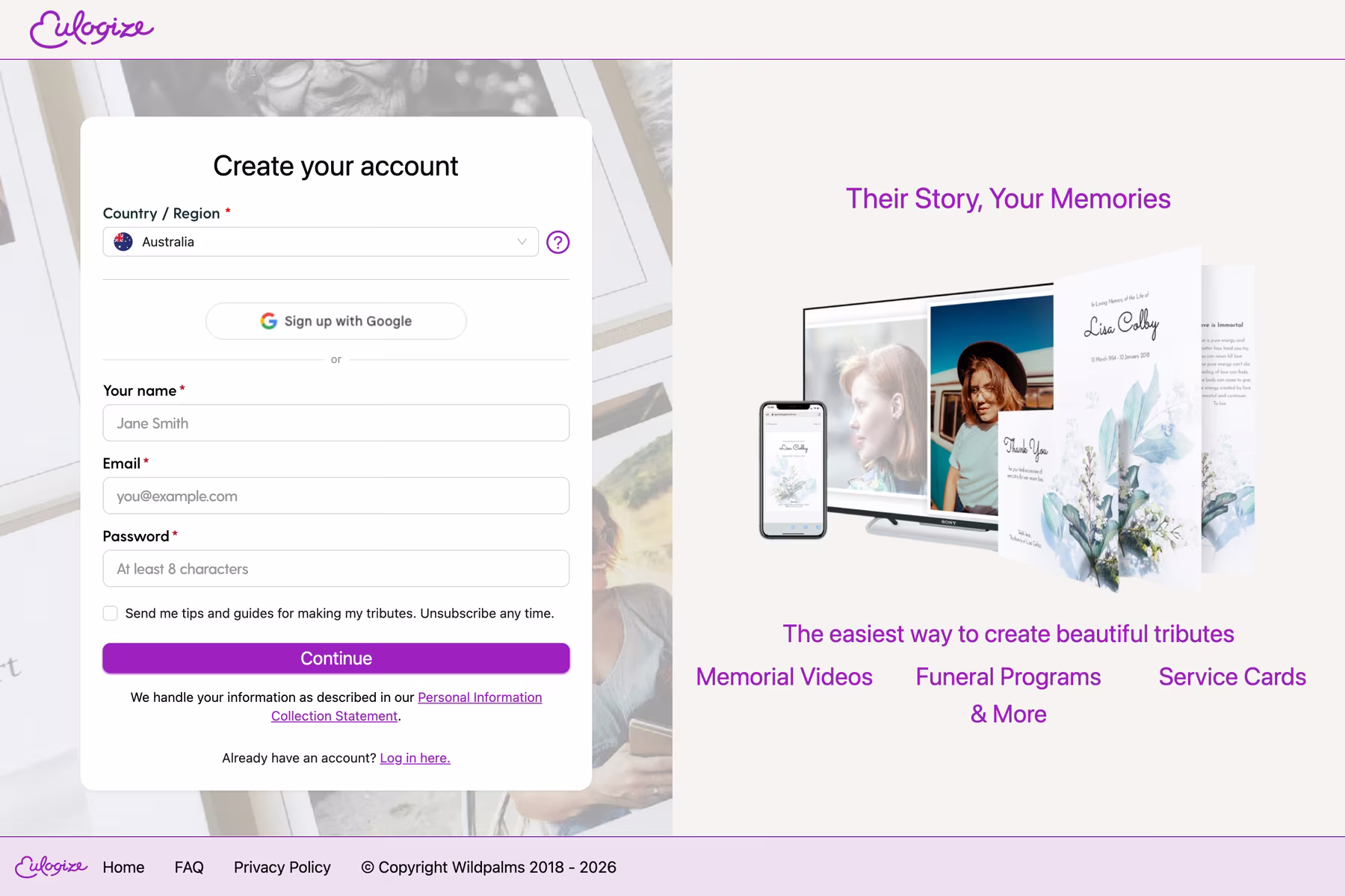 The matching Eulogize account-creation screen running on the public website.
