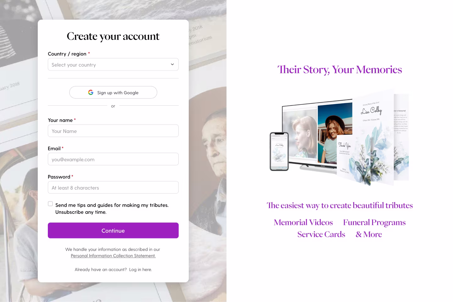 The signed Figma design for Eulogize's two-column account-creation screen.